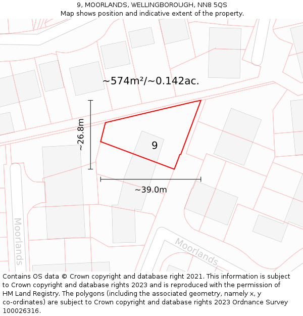 9, MOORLANDS, WELLINGBOROUGH, NN8 5QS: Plot and title map