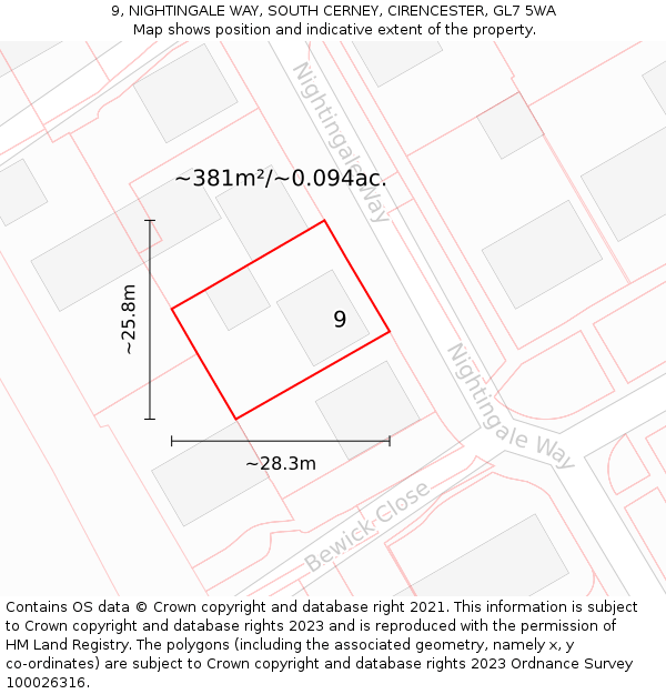 9, NIGHTINGALE WAY, SOUTH CERNEY, CIRENCESTER, GL7 5WA: Plot and title map