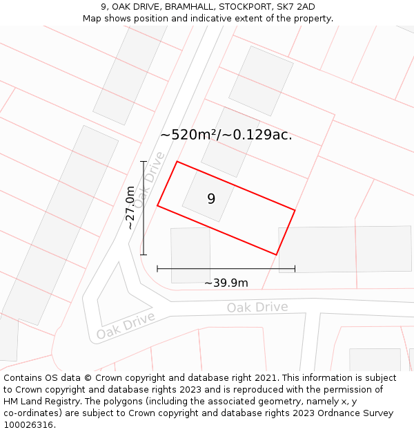 9, OAK DRIVE, BRAMHALL, STOCKPORT, SK7 2AD: Plot and title map