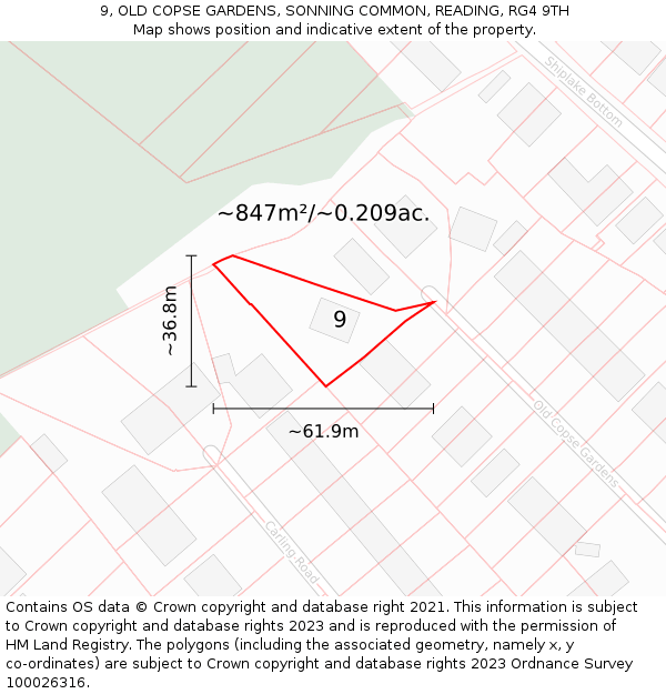 9, OLD COPSE GARDENS, SONNING COMMON, READING, RG4 9TH: Plot and title map