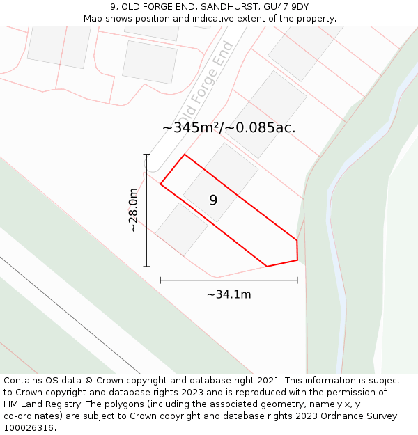 9, OLD FORGE END, SANDHURST, GU47 9DY: Plot and title map