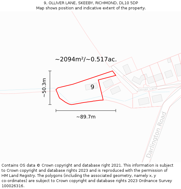 9, OLLIVER LANE, SKEEBY, RICHMOND, DL10 5DP: Plot and title map