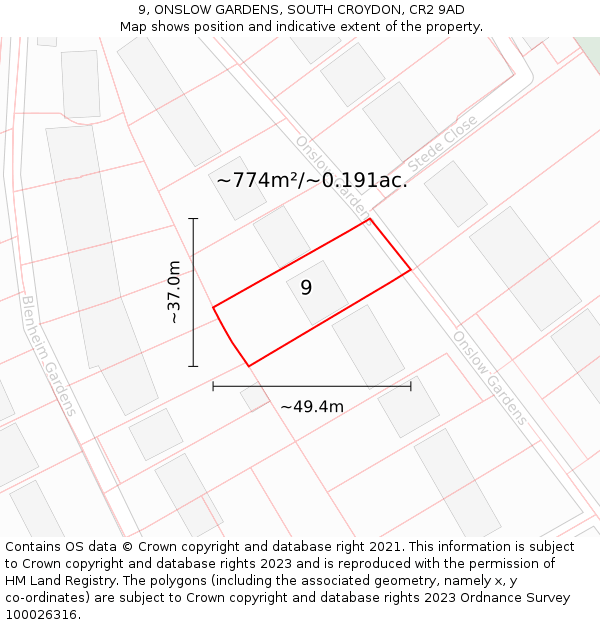 9, ONSLOW GARDENS, SOUTH CROYDON, CR2 9AD: Plot and title map