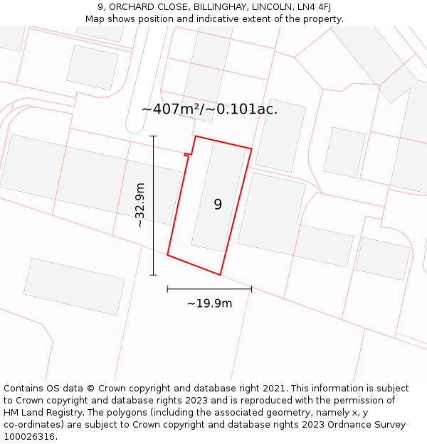 9, ORCHARD CLOSE, BILLINGHAY, LINCOLN, LN4 4FJ: Plot and title map