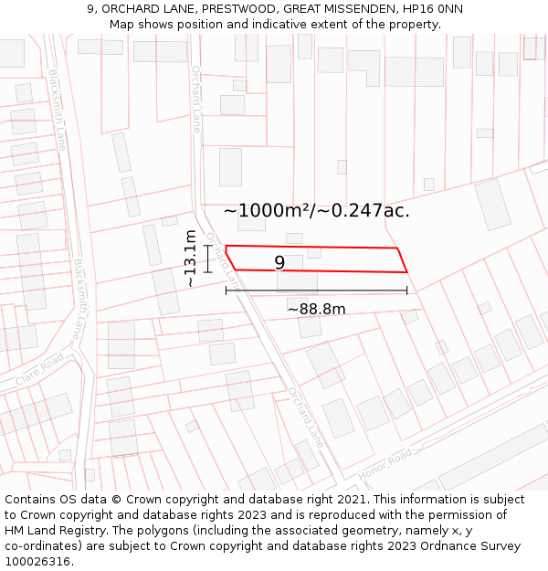 9, ORCHARD LANE, PRESTWOOD, GREAT MISSENDEN, HP16 0NN: Plot and title map