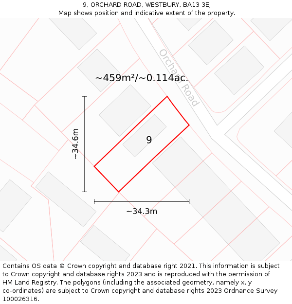 9, ORCHARD ROAD, WESTBURY, BA13 3EJ: Plot and title map