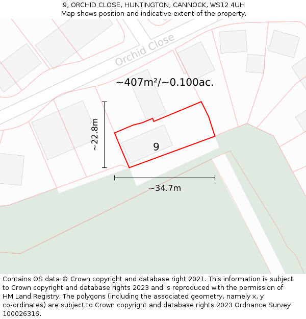 9, ORCHID CLOSE, HUNTINGTON, CANNOCK, WS12 4UH: Plot and title map