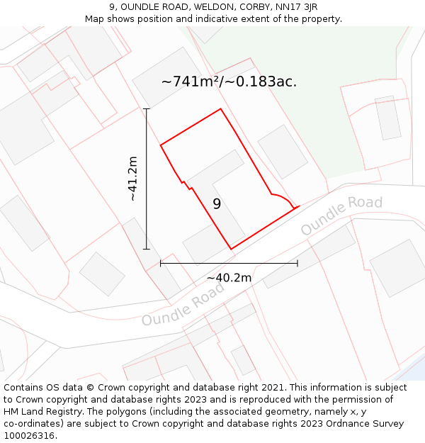 9, OUNDLE ROAD, WELDON, CORBY, NN17 3JR: Plot and title map