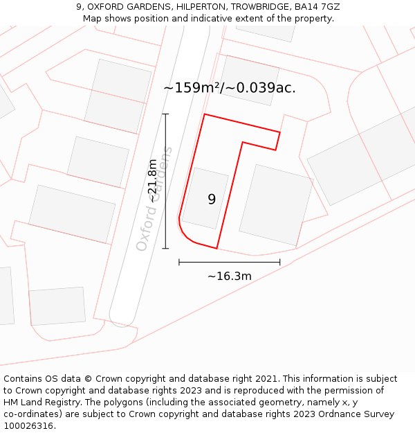 9, OXFORD GARDENS, HILPERTON, TROWBRIDGE, BA14 7GZ: Plot and title map