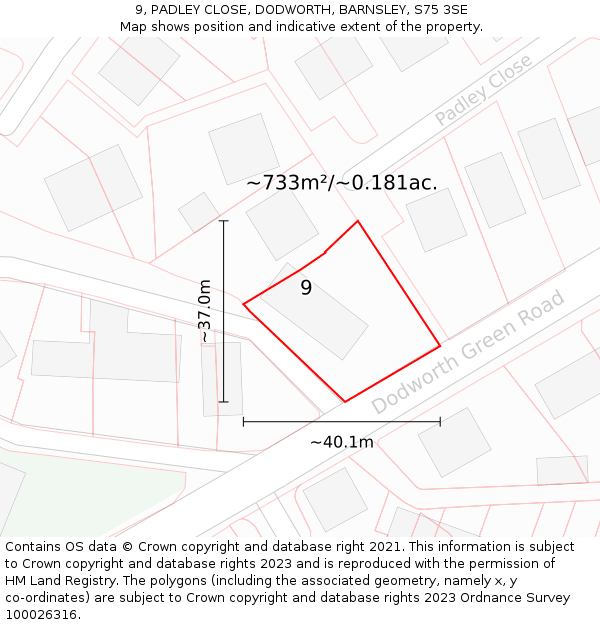 9, PADLEY CLOSE, DODWORTH, BARNSLEY, S75 3SE: Plot and title map