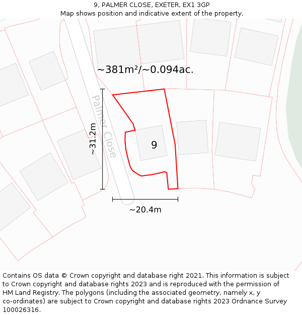 9, PALMER CLOSE, EXETER, EX1 3GP: Plot and title map