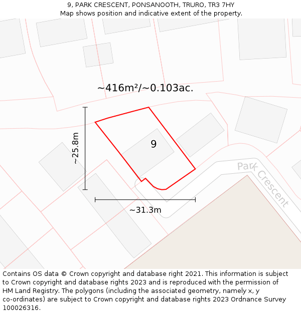 9, PARK CRESCENT, PONSANOOTH, TRURO, TR3 7HY: Plot and title map