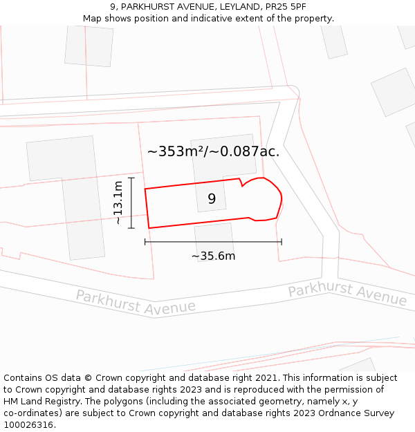 9, PARKHURST AVENUE, LEYLAND, PR25 5PF: Plot and title map