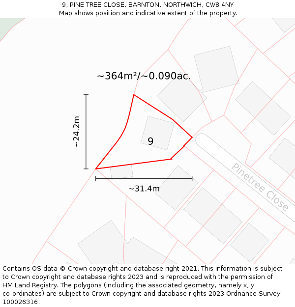 9, PINE TREE CLOSE, BARNTON, NORTHWICH, CW8 4NY: Plot and title map