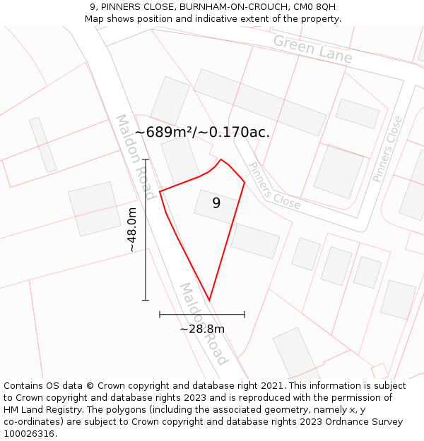 9, PINNERS CLOSE, BURNHAM-ON-CROUCH, CM0 8QH: Plot and title map