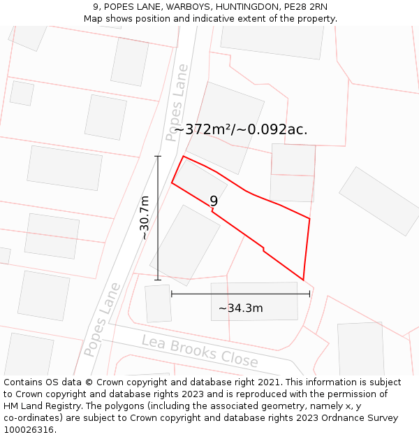 9, POPES LANE, WARBOYS, HUNTINGDON, PE28 2RN: Plot and title map