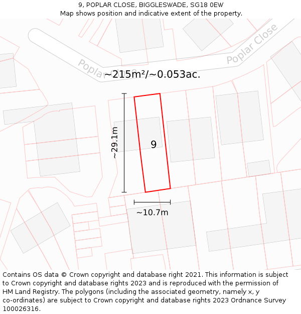 9, POPLAR CLOSE, BIGGLESWADE, SG18 0EW: Plot and title map