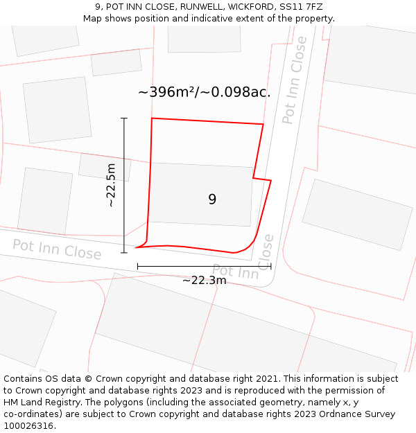 9, POT INN CLOSE, RUNWELL, WICKFORD, SS11 7FZ: Plot and title map