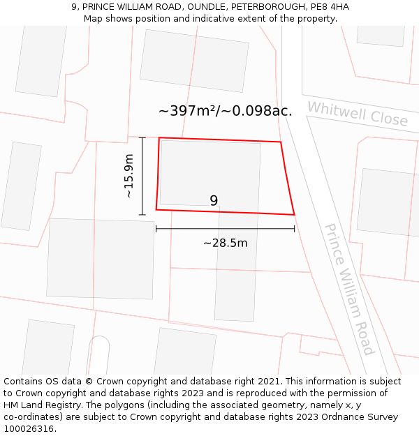 9, PRINCE WILLIAM ROAD, OUNDLE, PETERBOROUGH, PE8 4HA: Plot and title map