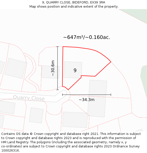 9, QUARRY CLOSE, BIDEFORD, EX39 3RA: Plot and title map