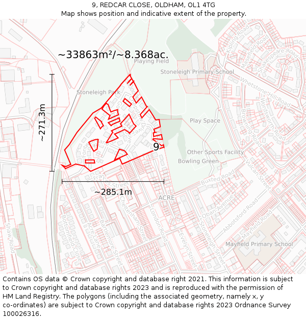 9, REDCAR CLOSE, OLDHAM, OL1 4TG: Plot and title map