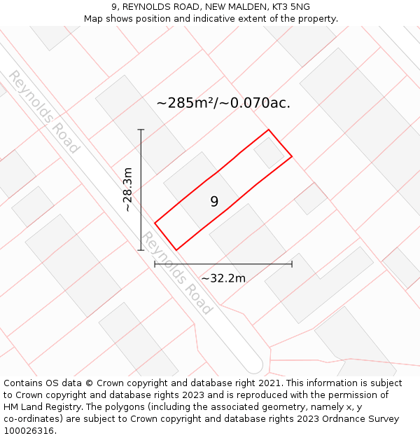 9, REYNOLDS ROAD, NEW MALDEN, KT3 5NG: Plot and title map