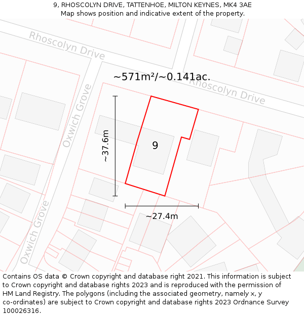 9, RHOSCOLYN DRIVE, TATTENHOE, MILTON KEYNES, MK4 3AE: Plot and title map