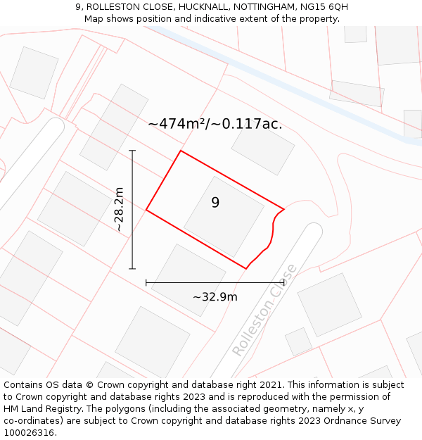 9, ROLLESTON CLOSE, HUCKNALL, NOTTINGHAM, NG15 6QH: Plot and title map