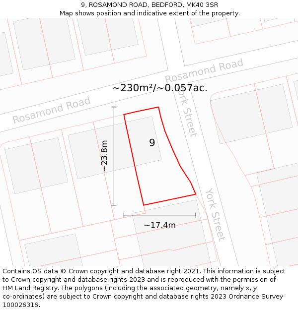 9, ROSAMOND ROAD, BEDFORD, MK40 3SR: Plot and title map