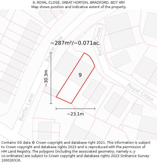 9, ROYAL CLOSE, GREAT HORTON, BRADFORD, BD7 4RY: Plot and title map