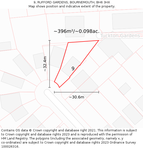 9, RUFFORD GARDENS, BOURNEMOUTH, BH6 3HX: Plot and title map