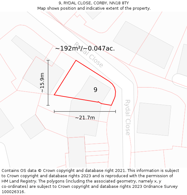 9, RYDAL CLOSE, CORBY, NN18 8TY: Plot and title map