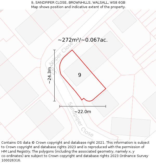 9, SANDPIPER CLOSE, BROWNHILLS, WALSALL, WS8 6GB: Plot and title map