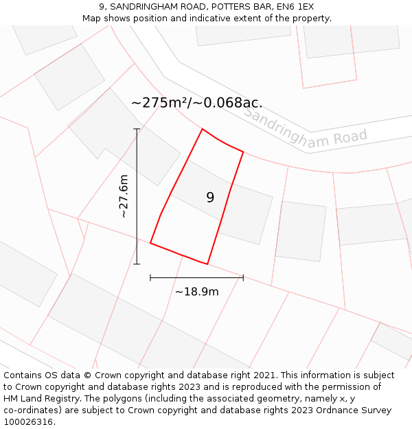 9, SANDRINGHAM ROAD, POTTERS BAR, EN6 1EX: Plot and title map