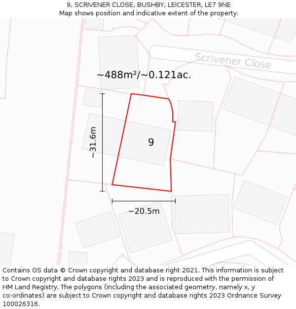 9, SCRIVENER CLOSE, BUSHBY, LEICESTER, LE7 9NE: Plot and title map