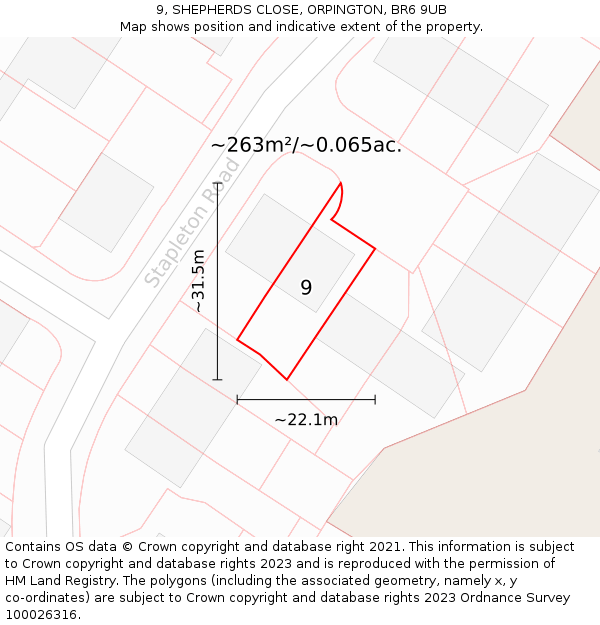 9, SHEPHERDS CLOSE, ORPINGTON, BR6 9UB: Plot and title map