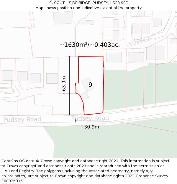 9, SOUTH SIDE RIDGE, PUDSEY, LS28 9PD: Plot and title map