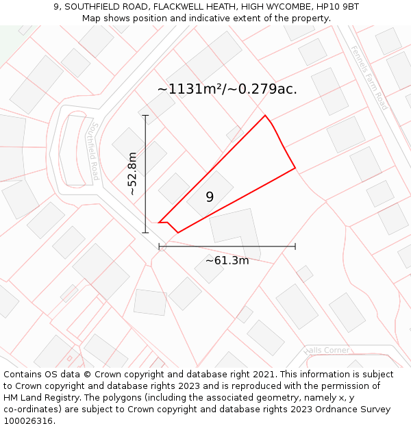 9, SOUTHFIELD ROAD, FLACKWELL HEATH, HIGH WYCOMBE, HP10 9BT: Plot and title map