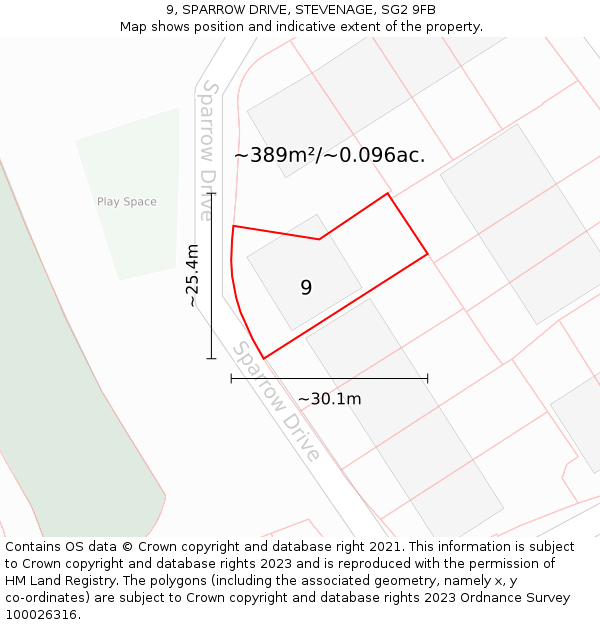 9, SPARROW DRIVE, STEVENAGE, SG2 9FB: Plot and title map