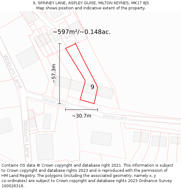 9, SPINNEY LANE, ASPLEY GUISE, MILTON KEYNES, MK17 8JS: Plot and title map