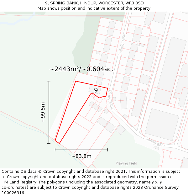 9, SPRING BANK, HINDLIP, WORCESTER, WR3 8SD: Plot and title map