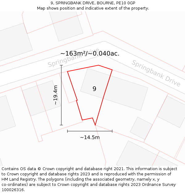 9, SPRINGBANK DRIVE, BOURNE, PE10 0GP: Plot and title map