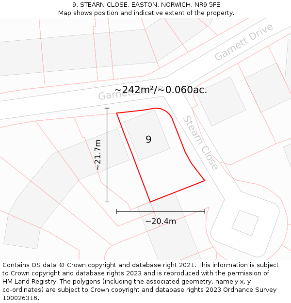 9, STEARN CLOSE, EASTON, NORWICH, NR9 5FE: Plot and title map