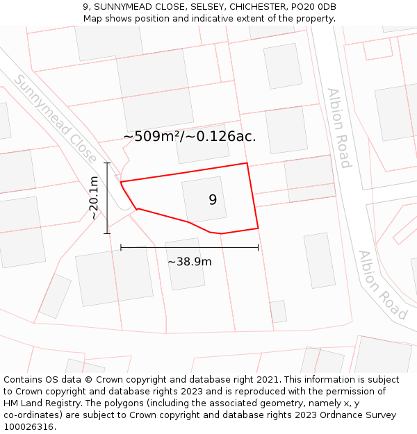 9, SUNNYMEAD CLOSE, SELSEY, CHICHESTER, PO20 0DB: Plot and title map