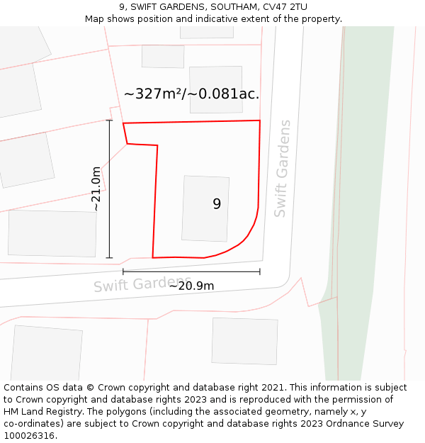 9, SWIFT GARDENS, SOUTHAM, CV47 2TU: Plot and title map