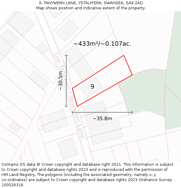 9, TANYWERN LANE, YSTALYFERA, SWANSEA, SA9 2AD: Plot and title map