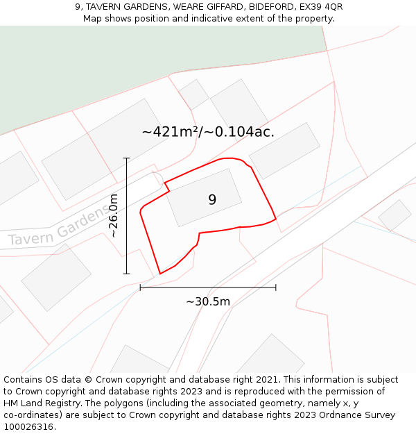 9, TAVERN GARDENS, WEARE GIFFARD, BIDEFORD, EX39 4QR: Plot and title map