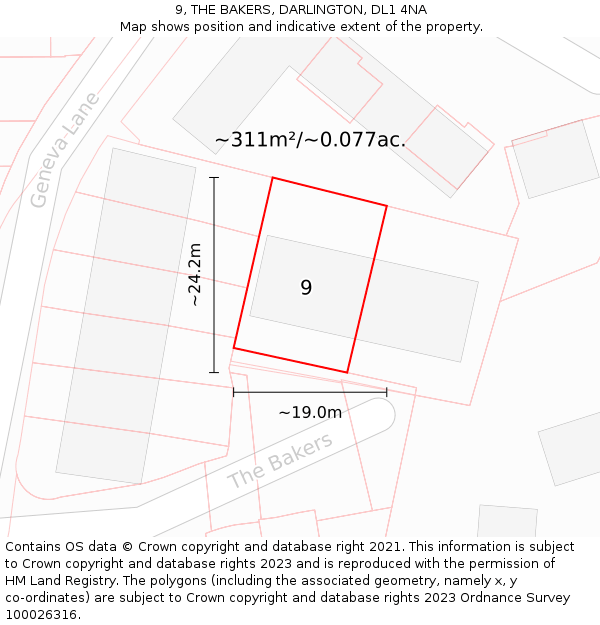 9, THE BAKERS, DARLINGTON, DL1 4NA: Plot and title map