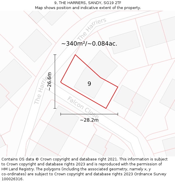 9, THE HARRIERS, SANDY, SG19 2TF: Plot and title map