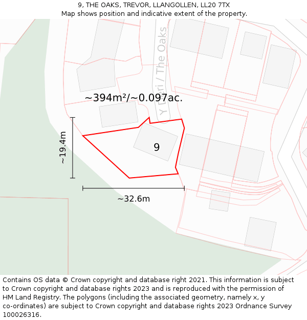 9, THE OAKS, TREVOR, LLANGOLLEN, LL20 7TX: Plot and title map